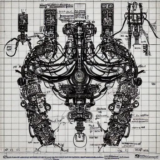 Prompt: schematic blueprint of highly detailed ornate filigreed convoluted ornamented elaborate cybernetic medical equipment, art by da vinci