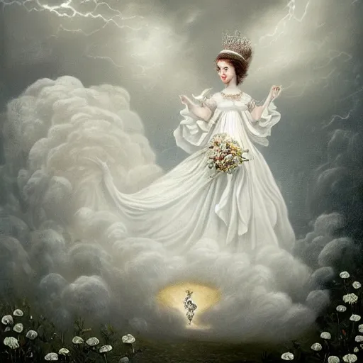 Image similar to meredit frampton a queen with a white large magnificent more and more vaporous ,wrapped ,hight decorated,detailed ,white roses cotton dress shooting surrounded by a bouquet of abstract white flowers and clouds during lightning storm ,surrealism 8k