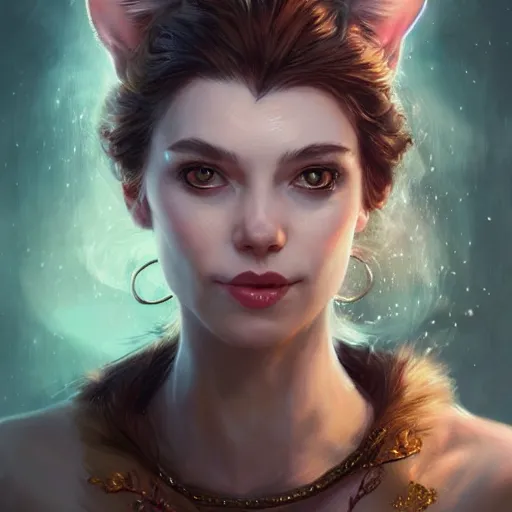 Image similar to Portrait of a woman dressed as a cat making magic, fantasy, D&D, intricate, cinematic lighting, highly detailed, digital painting, artstation, concept art, smooth, sharp focus, illustration, art by Artgerm and Greg Rutkowski, Cgsociety