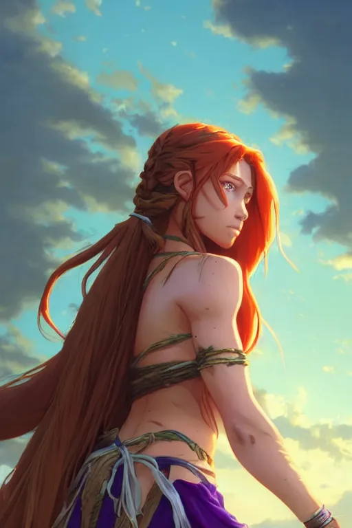 Image similar to long ginger hair, tanned woman in a prehistoric outfit, green eyes, by artgerm, hair tied in a ponytail, white backdrop, soft lighting, blue and purple colors, by greg rutkowski makoto shinkai takashi takeuchi