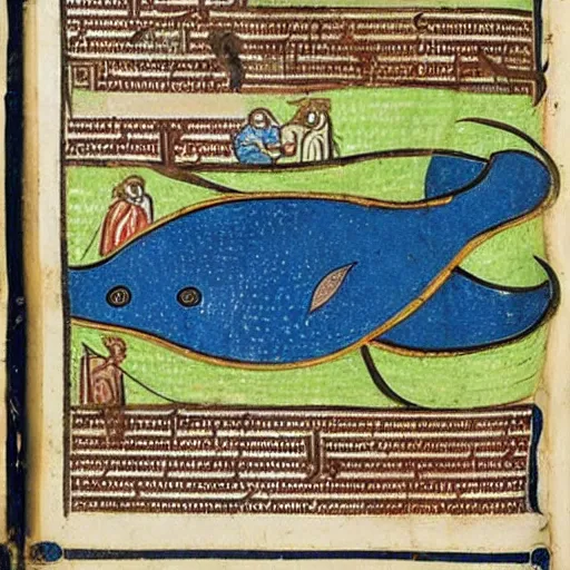 Prompt: medieval illuminated manuscript bible page depicting jonah in the belly of the whale