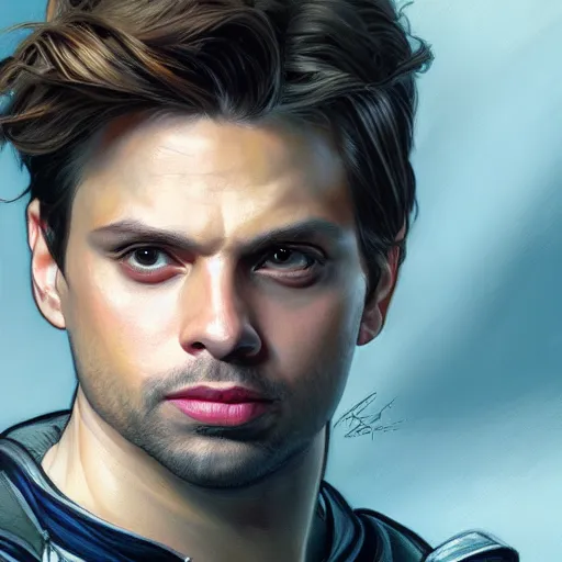 Image similar to Sebastian Stan portrait, painted by Artgerm and Greg Rutkowski and Alphonse Mucha