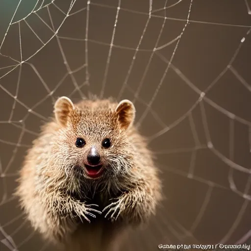 Prompt: happy spider quokka hybrid, bold natural colors, national geographic photography, masterpiece, in - frame, canon eos r 3, f / 1. 4, iso 2 0 0, 1 / 1 6 0 s, 8 k, raw, unedited, symmetrical balance