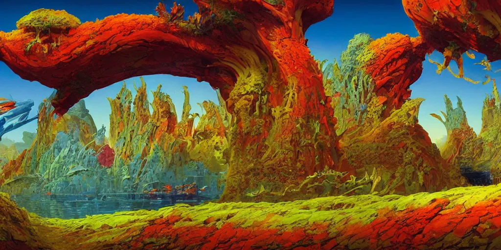 Image similar to striking colours vivid, gaps holes, neonothopanus, creatures, metropolis in distance, moons, realistic landscape art by roger dean, reflections, art by michael whelan, organic textures, seedpods, art by kilian eng, moebius artwork, ultrawide angle, hires 8 k detailed natural textures