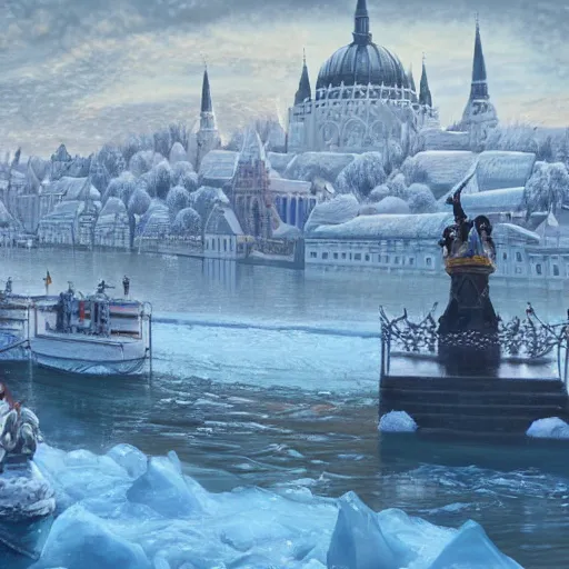 Image similar to an extremely realistic painting depicting the coronation of viktor orban on the frozen danube, detailed, intricate, elegant, fat, highly detailed, digital painting, artstation, concept art, smooth, sharp focus, illustration,