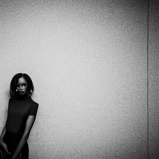 Image similar to fashion photography of a black model, short hair, wearing demobaza fashion, inside berghain, berlin fashion, futuristic fashion, dark minimal outfit, photo 3 5 mm leica, hyperdetail, berghain, 8 k, very detailed