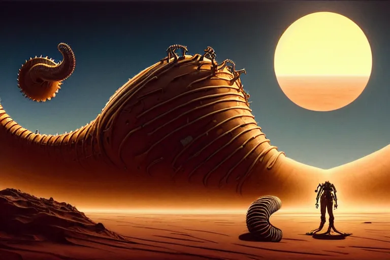 Prompt: man in a biomechanical suit with a breathing apparatus, wearing rags, suns set on a desert planet, a large monolithic vehicle sucks up sand, fierce giant sandworm with thousands of teeth, by moebius and artgerm and beksinski, golden hour lighting, highly detailed, cloud nebula, concept art, trending on artstation
