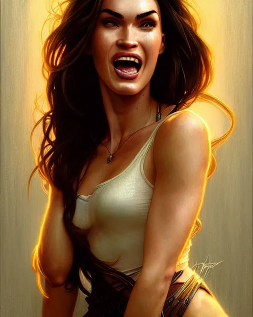 Image similar to portrait of megan fox laughing, intricate, headshot, highly detailed, digital painting, artstation, concept art, sharp focus, cinematic lighting, illustration, art by artgerm and greg rutkowski, alphonse mucha, cgsociety