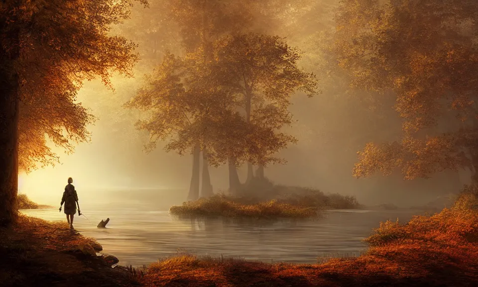 Prompt: Highly detailed 4K fantasy matte painting of an adventurer walking along the river bank in a forest during the golden hour in autumn, volumetric sun rays and dust, water reflection, in the style of Andreas Rocha and Greg Rutkowski