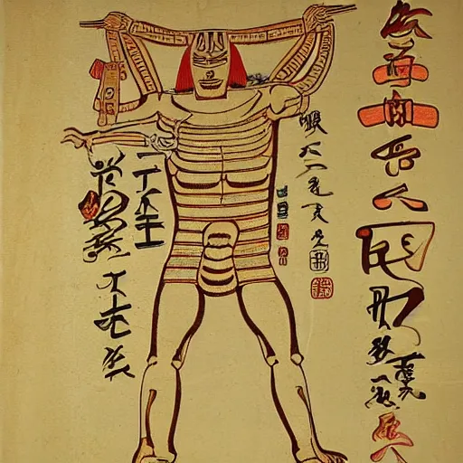 Image similar to an ancient papyrus depicting a japanese yokai's anatomy and information