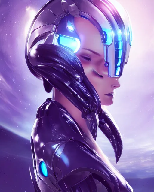 Image similar to perfect android girl on a mothership, warframe armor, beautiful face, scifi, futuristic, galaxy, nebula, raytracing, dreamy, long white hair, blue cyborg eyes, sharp focus, cinematic lighting, highly detailed, artstation, divine, by gauthier leblanc, kazuya takahashi, huifeng huang