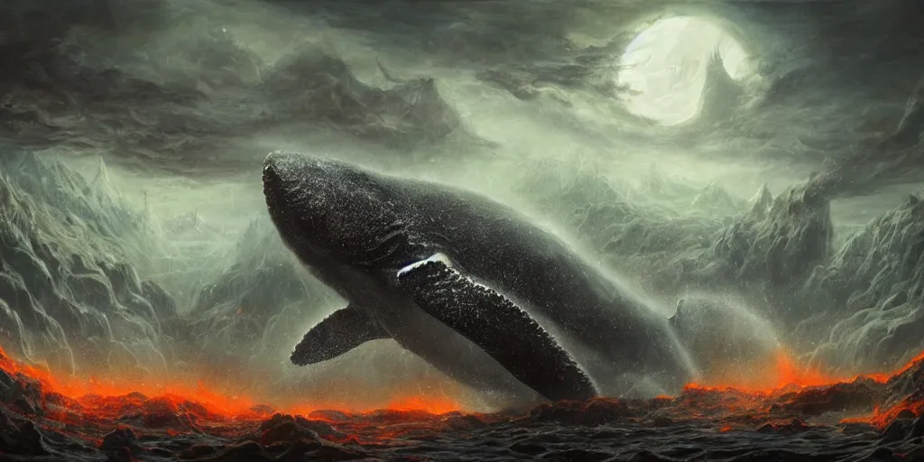 Prompt: concept art of giant whale, lava rocks, lovecraftian, renaissance, roaring, melting horror, round moon, rich clouds, fighting the horrors of the unknown, overgrown forest, very detailed, volumetric light, mist, fine art, decaying, textured oil over canvas, epic fantasy art, very colorful, ornate scales