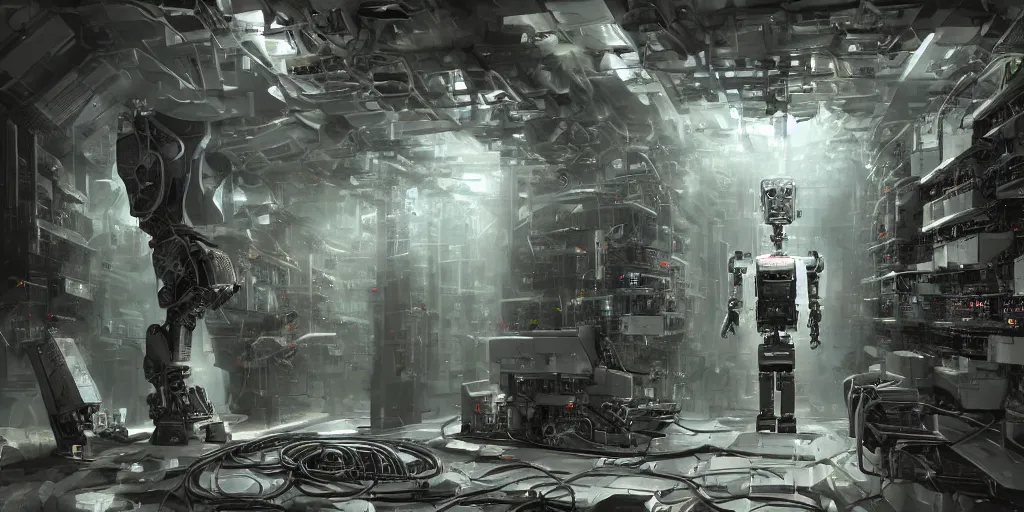 Image similar to robot bionical parallax volumetric coherent colossal ruined server room in datacenter portrait symmetrical face by eddie mendoza blender robot figure automata drone robot welder posing pacing fixing mono sharp focus, emitting diodes, racks, system unit, artstation cgsociety artofmtg hyperrealism cinematic dramatic painting concept art of detailed character design
