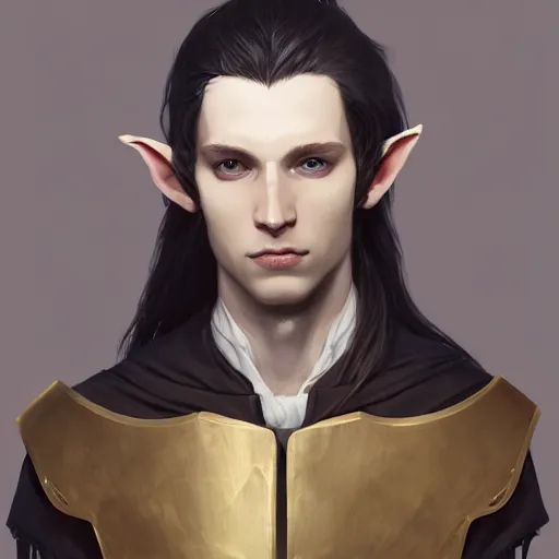 Prompt: portrait of a attractive male elf with pale skin and long black hair, medieval, character design, armor, painting by wlop, nixeu and greg rutkowski, beautiful, semirealism, artstation, octane render, sharpness, 8 k, golden ratio