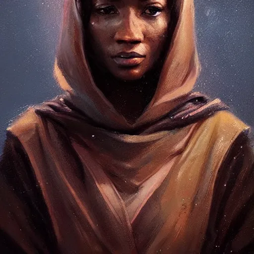 Image similar to portrait of a woman by greg rutkowski, youn jedi knight, black, afro hair, prettt, star wars expanded universe, she is about 2 0 years old, wearing jedi robes, highly detailed portrait, digital painting, artstation, concept art, smooth, sharp foccus ilustration, artstation hq