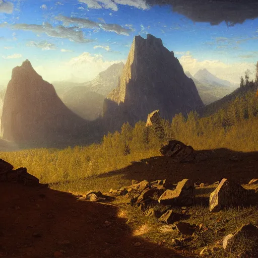 Prompt: a giant laying embedded in the earth as a mountainous landscape, by albert bierstadt, by robert hubert, by dan mumford, hyperrralistic, realistic shadows, matte painting, 8 k resolution, landscape