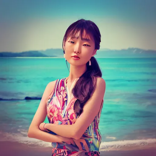 Prompt: a portrait of a young asiatic lady, perfect face, hot summertime hippie, Summer outfit, seafront background , sunny day, perfecly detailed, realistic portrait, perfect design, natural light