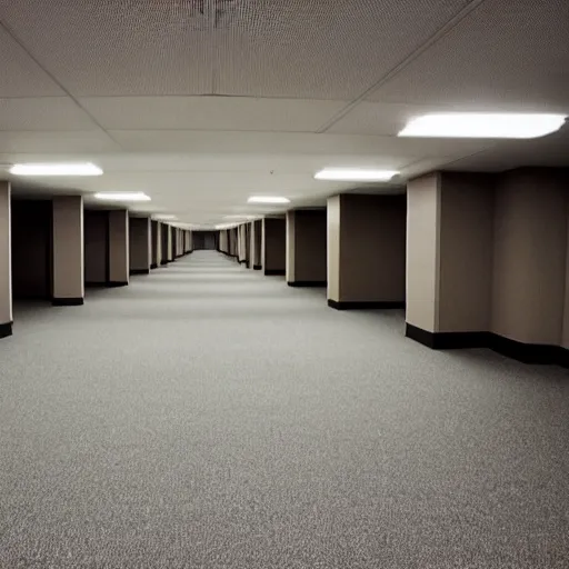 Image similar to the backrooms : an endless maze of randomly generated office rooms and other environments. it is characterized by the smell of moist carpet, walls with a monochromatic tone of dirty off - white, 1 9 8 0's style carpeted walls and buzzing fluorescent lights % 5 0 working, general sense of run down and abandonment
