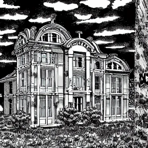 Prompt: a manga panel of a mansion inside a forest