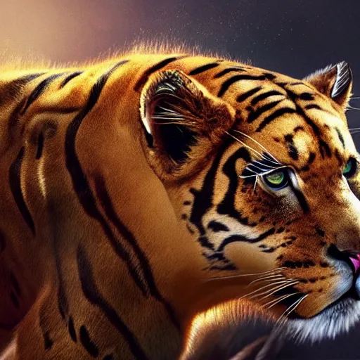 Image similar to mix of puma and jaguar and lion and tiger jumping over a cliff, giant cat monster, 8 k ultra realistic animal, detailed intricate fur, flame in the fur, full of colour, cinematic lighting, battered, trending on artstation, 4 k, hyperrealistic, focused, extreme details, unreal engine 5, cinematic, masterpiece, art by ayami kojima