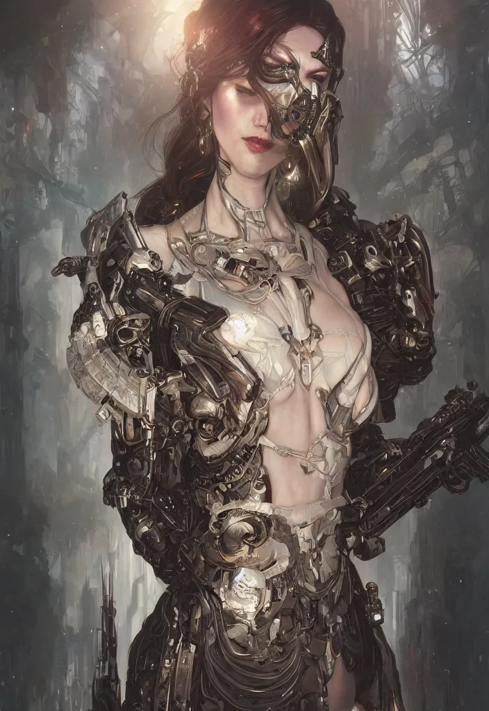 Image similar to portrait of beautiful pale gothic cyborg maiden, warhammer 40000, cyberpunk, intricate, elegant, highly detailed, digital painting, artstation, concept art, smooth, sharp focus, illustration, art by artgerm and greg rutkowski and alphonse mucha and Gustav Klimt