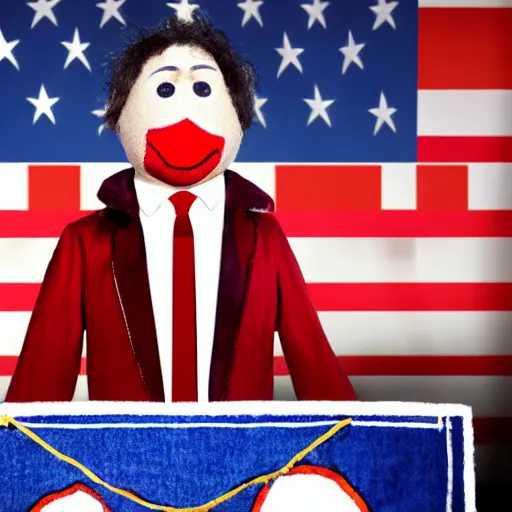 Image similar to puppet show with a puppeteer using a president with clown makeup in a podium