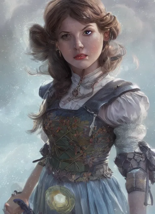 Image similar to three quarters portrait of a beautiful female Dorothy gale, full body, armor, super powers, fantasy, intricate, elegant, highly detailed, digital painting, artstation, concept art, shining, sharp focus, illustration, art by stanley lau
