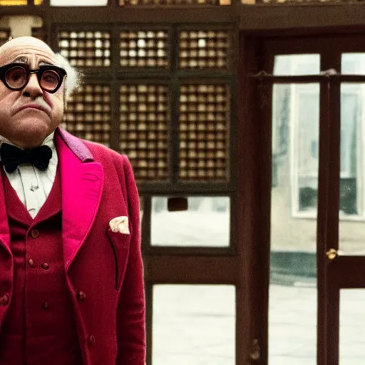 Image similar to A movie still of Danny Devito in The Grand Budapest Hotel
