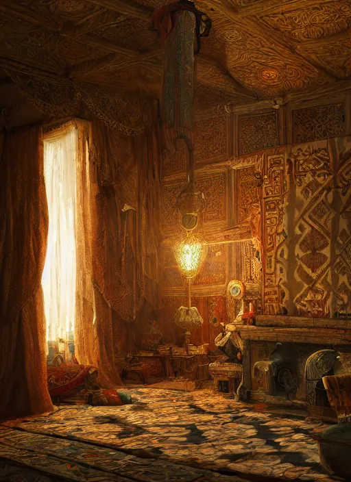 Image similar to detailed interior of medieval queen commander's tent, persian carpets, lamps, in the style of charles sillem lidderdale, in the style of greg rutkowski, artstation, high quality art