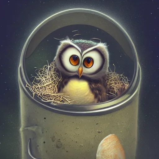 Prompt: long shot of a very cute owl chick nesting in a very futuristic cup, esao andrews, m. w. kaluta, humorous illustration, hyperrealistic, big depth of field, warm colors, night scenery, low light, 3 d octane render, 4 k, conceptart, hyperdetailed, hyperrealistic, trending on artstation