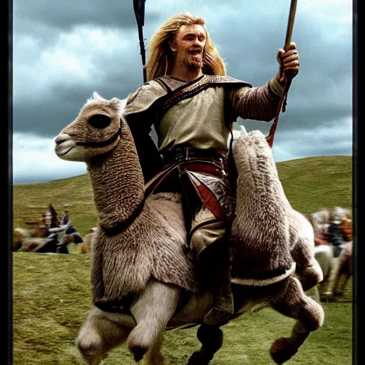 Image similar to the rohirrim riding into battle on alpacas at minas tirith