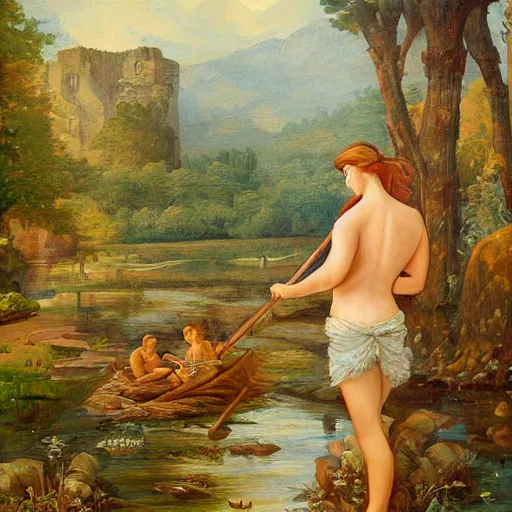 Prompt: painting fantasy nymph overlooking river as man fishes out giant chest full of gold