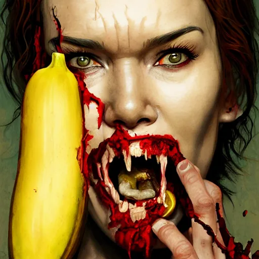 Prompt: color head portrait of lena headey eating a banana as a zombie, 7 days to die zombie, gritty background, fine art, award winning, intricate, elegant, sharp focus, cinematic lighting, digital painting, 8 k concept art, art by michael hussar, art by brom, art by guweiz and z. w. gu, 8 k