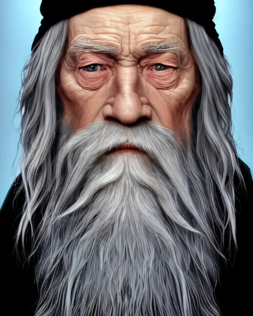 Prompt: portrait of 8 0 - year - old man, with blue eyes, very long silver hair, and very long silver beard, a long crooked nose, dumbledore, wearing in black cloak, hyper realistic face, beautiful eyes, character art, art by mark brooks, hyperdetailed, cryengine, trending on artstation, digital art