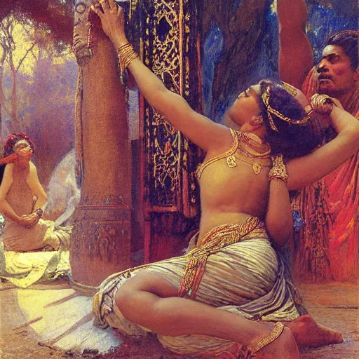 Prompt: srilankan woman worshipping old cunning as prophet, painting by gaston bussiere, craig mullins, j. c. leyendecker, lights, art by ernst haeckel, john william godward, hammershøi,,