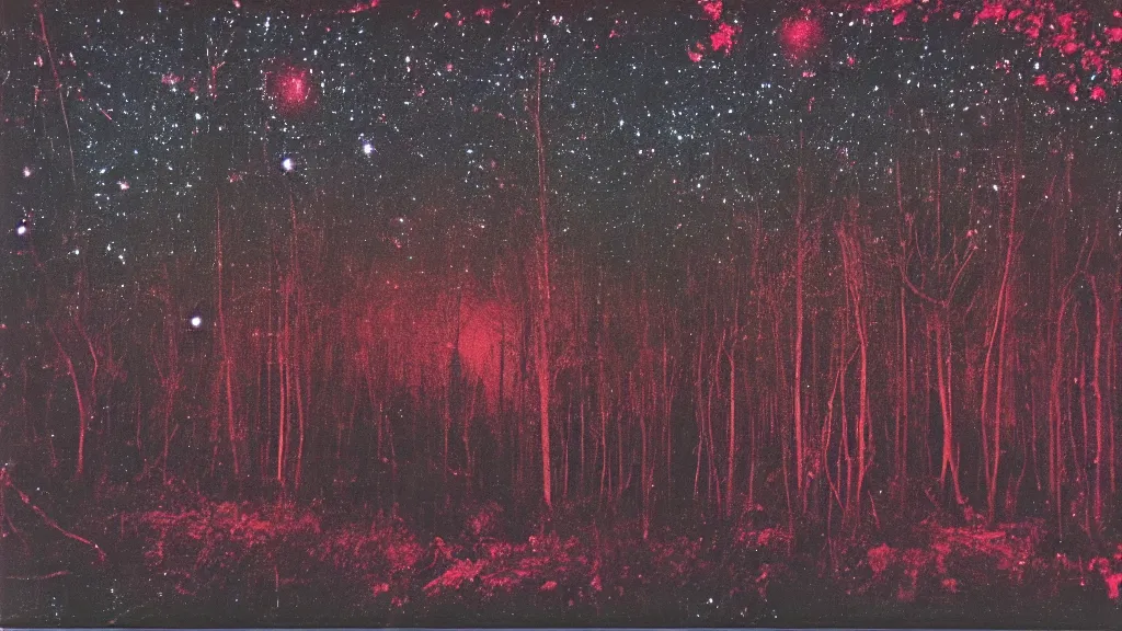 Prompt: psychedelic polaroid of a night sky. A glimpse through a small gap in the foliage and overgrowth and the trees of the huge gibbous moon in a dark sky, wreathed in red mist, starlight, night-time, crimson and black sky, dark enclosed, cozy, quiet forest night scene, spangle