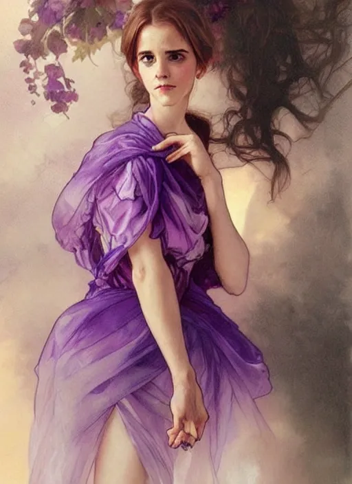 Image similar to emma watson wearing revealing pink and purple chiffon dress with flounces. beautiful detailed face. by artgerm and greg rutkowski and alphonse mucha