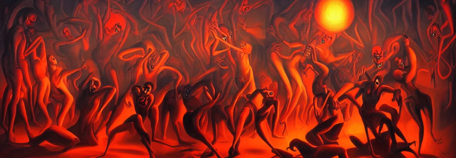 Image similar to hell demons, dramatic lighting, 1 9 3 0 s fleischer cartoon characters, wild emotional expressions - surreal painting by ronny khalil