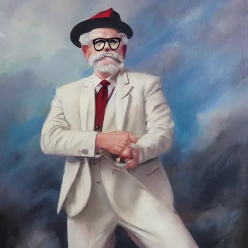 Image similar to an ultra - realistic portrait painting of colonel sanders in the style of frank frazetta. 4 k. ultra - realistic. highly detailed. dark fantasy. epic lighting.