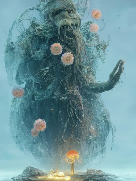 Image similar to a fancy portrait of a giant floating flower and jellyfish by Greg Rutkowski, Sung Choi, Mitchell Mohrhauser, Maciej Kuciara, Johnson Ting, Maxim Verehin, Peter Konig, Bloodborne, beeple, 8k photorealistic, cinematic lighting, HD, high details, atmospheric , trending on artstation. made in Maya, Blender and Photoshop, octane render, excellent composition, cinematic dystopian brutalist atmosphere, dynamic dramatic cinematic lighting, aesthetic, very inspirational, arthouse. y Greg Rutkowski, Ilya Kuvshinov, WLOP, Stanley Artgerm Lau, Ruan Jia and Fenghua Zhong