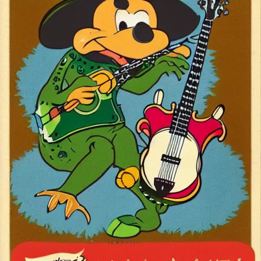 Image similar to an alligator playing a banjo and wearing a cowboy hat, vintage Disney