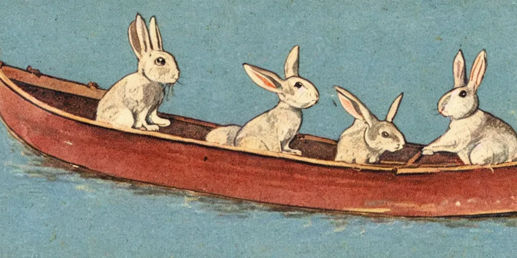 Image similar to a 1 9 1 0 s postcard representing two rabbits in a rowboat