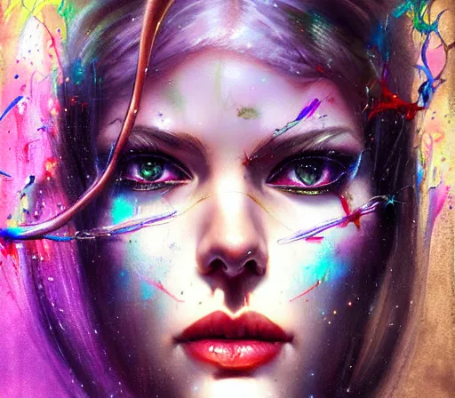 Image similar to a portrait of Bayonetta , tall, pale-skinned, by Stanely Artgerm,Tom Bagshaw,arthur adams,Carne Griffiths,trending on DeviantArt,street art,face enhance,chillwave,maximalist,full of color,glittering