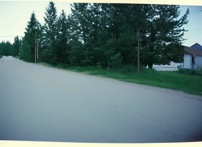 Image similar to A disposable camera picture of an empty street in a small rural Canadian suburb, Kodak Fling 200, 1983