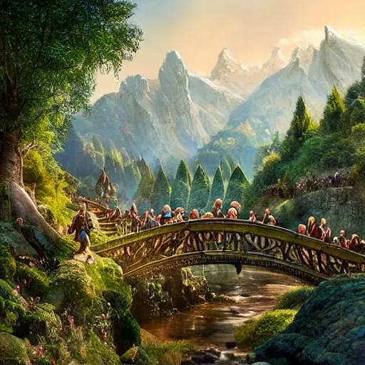 Image similar to hobbits with dwarves and a wizard walk along the bridge to rivendell, the elves warmly welcome them, very beautiful elves'settlements are visible in the trees in the distance, blue clear sky, vivid color, highly detailed, digital painting, artstation, matte, sharp focus, impressionnisme, art by shishkin and kuindzhi