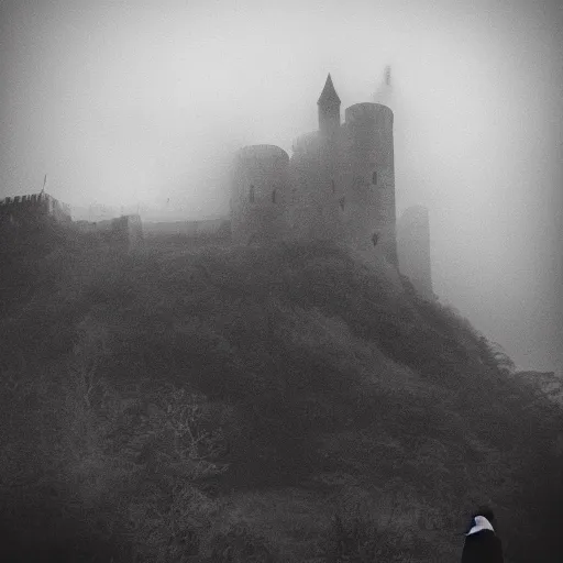 Image similar to a dark vallcy with a huge gloomy castle, fog. a little boy and a black cat