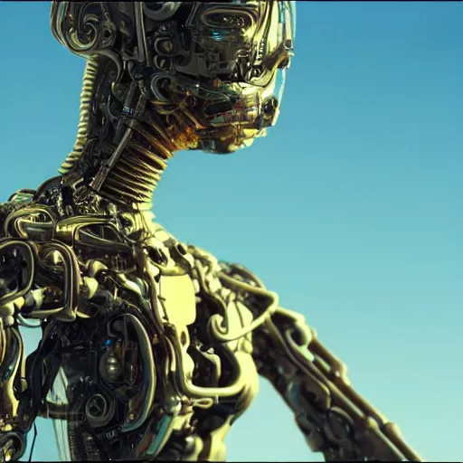 Prompt: a cybernetic symbiosis, cybernetic mech cyberpunk woman, organic ceramic fractal forms, golden hour lighting, film still from the movie directed by denis villeneuve with art direction by wayne barlowe and salvador dali, wide lens
