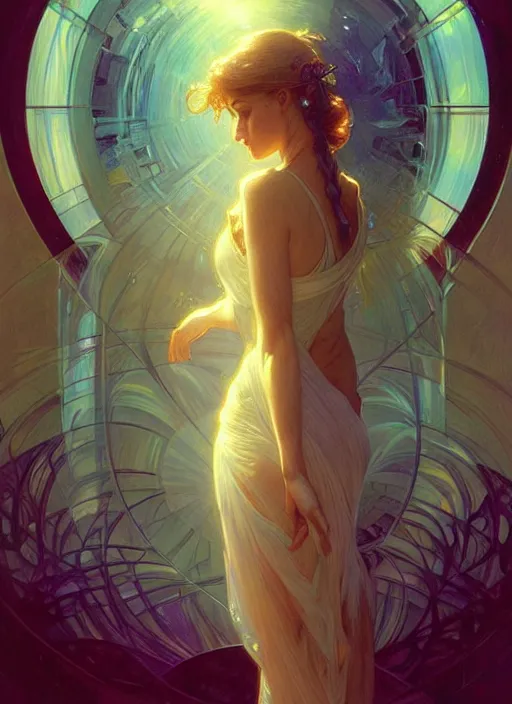 Prompt: water, refraction, reflections, mirrors, prisms, sunlight, glowing lights!! intricate elegant, highly detailed, digital painting, artstation, concept art, smooth, sharp focus, illustration, art by ( ( ( ( artgerm ) ) ) ) and ( greg rutkowski )! and ( ( ( alphonse mucha ) ) )