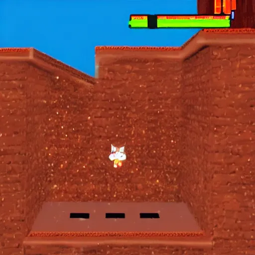 Prompt: Bubsy the Bobcat falling from a great height on to spikes, screenshot from the Atari Jaguar 1999, upward facing camera