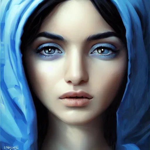 Image similar to greek ameera al taweel , blue eyes, black hair, beautiful face, white viel, Hyper-realistic, Highly Detailed, HD, by Brom, by beeple, studio ghibli, wallpaper, highly detailed, trending on artstation